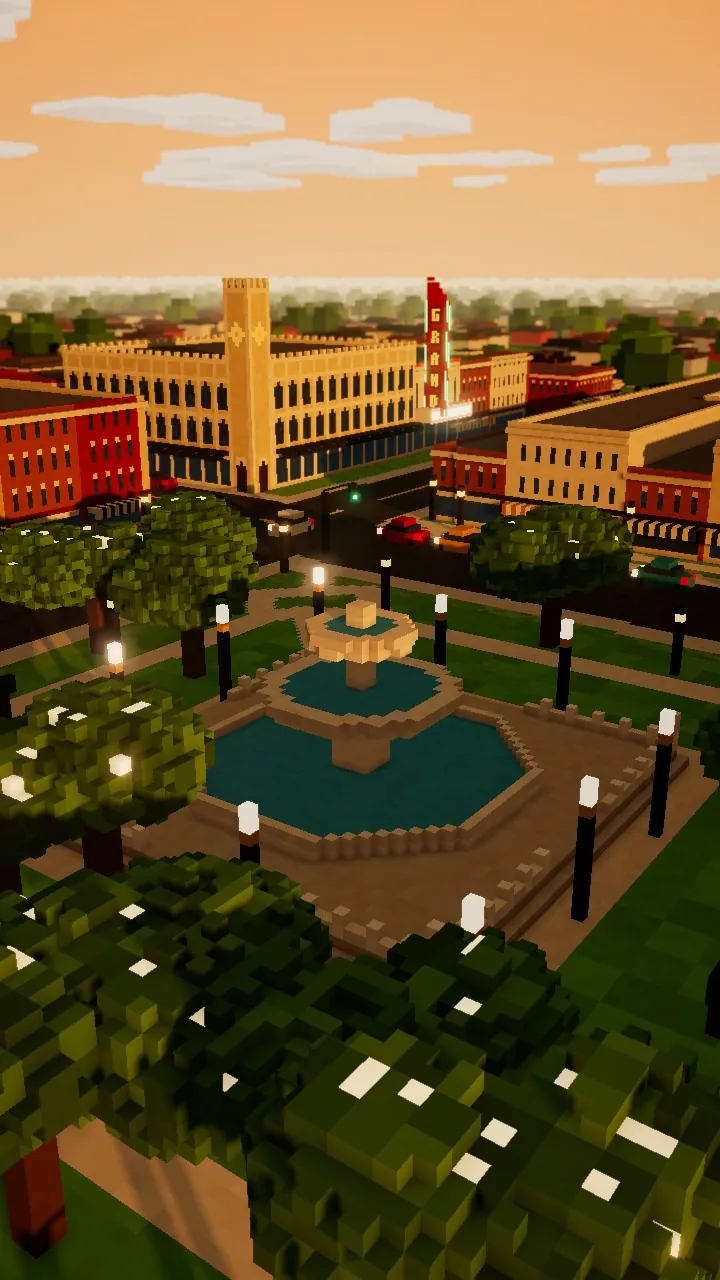 Downtown Paris, Texas in blocks at golden hour, with the fountain on the square