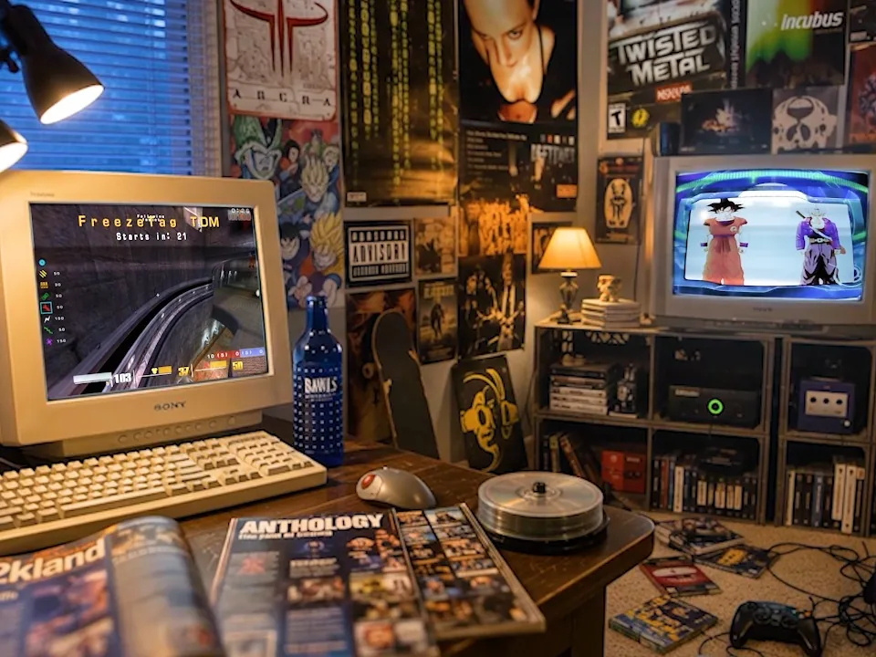 The boy's bedroom in Y2KSpace: a beige CRT computer, a TV with a game on, posters and a stack of CDs